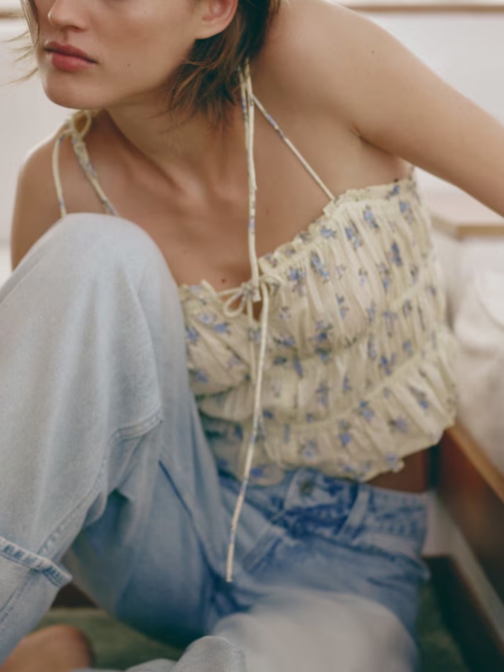 H&M Cream Floral Smocked Tie-Shoulder Crop Top